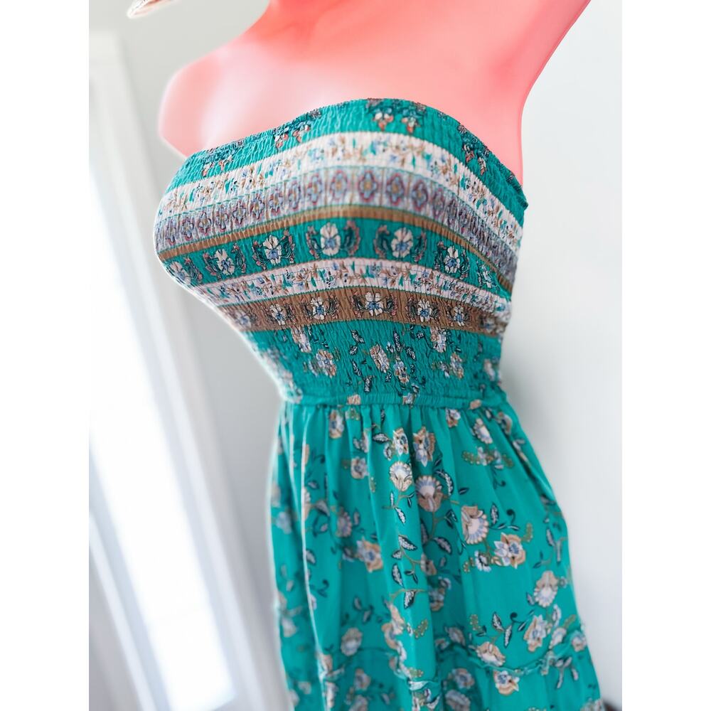 Barefoot Beneath the Palms strapless Smocked flowing boho floral maxi dress M - Picture 8 of 10